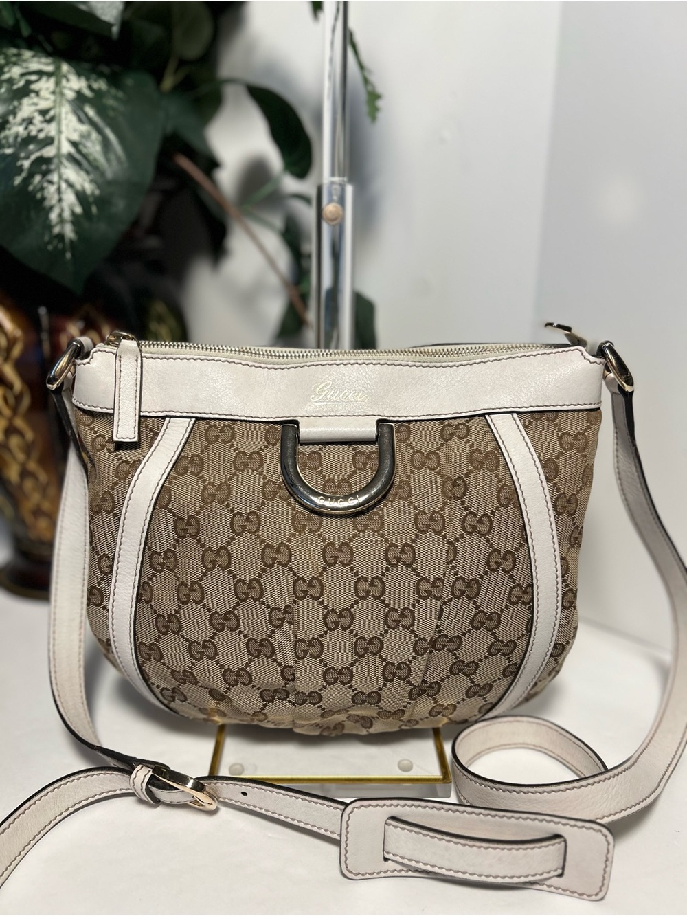 Gucci Brown Monogram Crossbody Bag with White Leather Trim